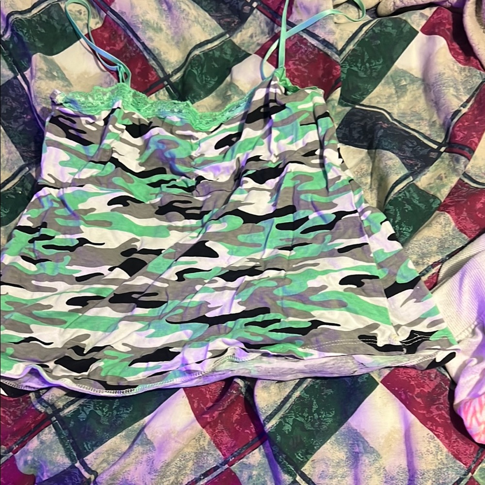 Camo Print Tank Top with Lace Trim